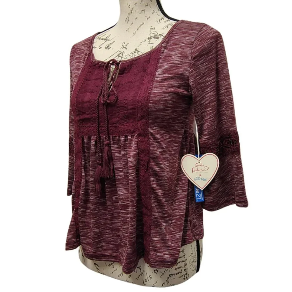 Womens Burgundy Embroidered Peasant Top‎ M Crochet 3/4 Flare Sleeve Boho Fall